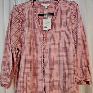 NWT  Lauren Conrad Pink Plaid Ruffle 3/4 Sleeve Boho Peasant Top Woman Size XXL
